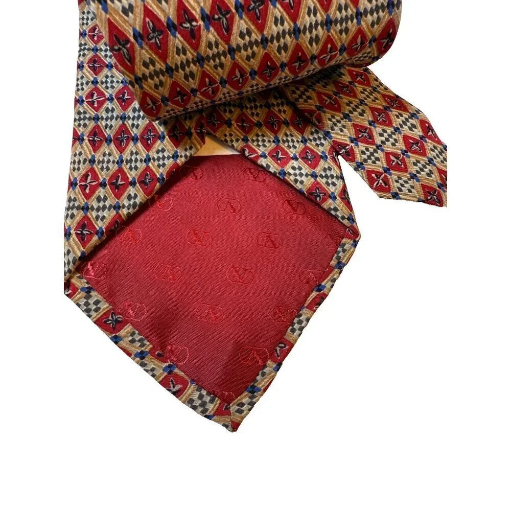 Valentino Cravatte Vintage Red Blue Cream Men's 100% Silk Tie Made in Italy